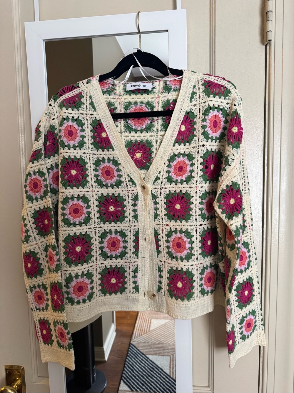 Desigual Cream Crochet Cardigan with Pink and Green Floral Squares
